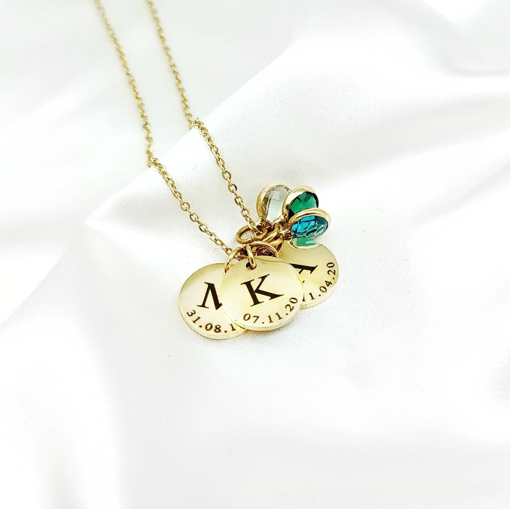 Initial Date Disc Birthstone Necklace