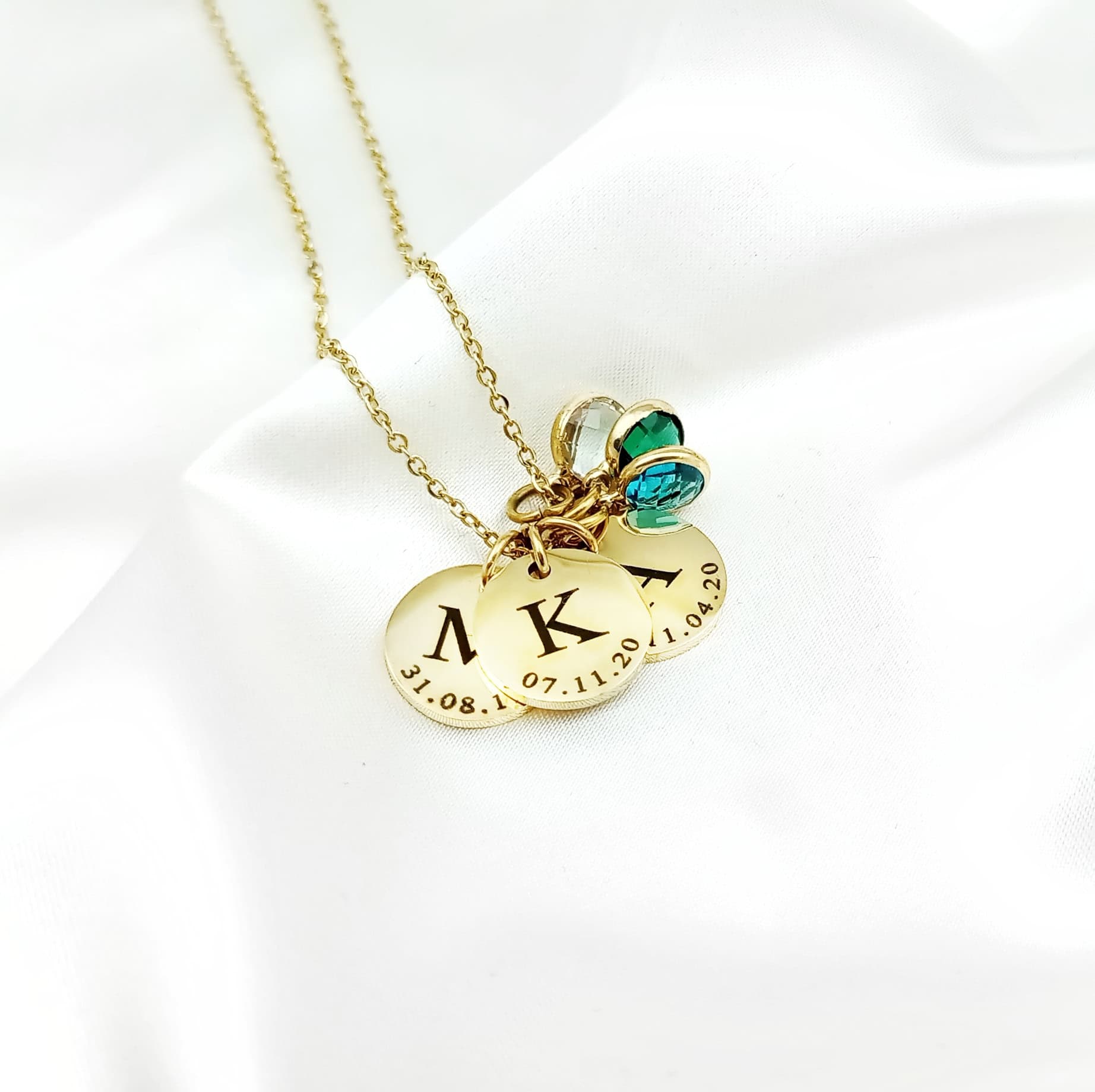 Initial Date Disc Birthstone Necklace