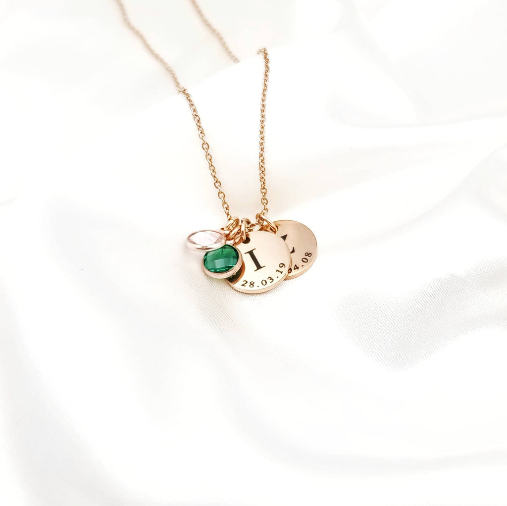 Initial Date Disc Birthstone Necklace