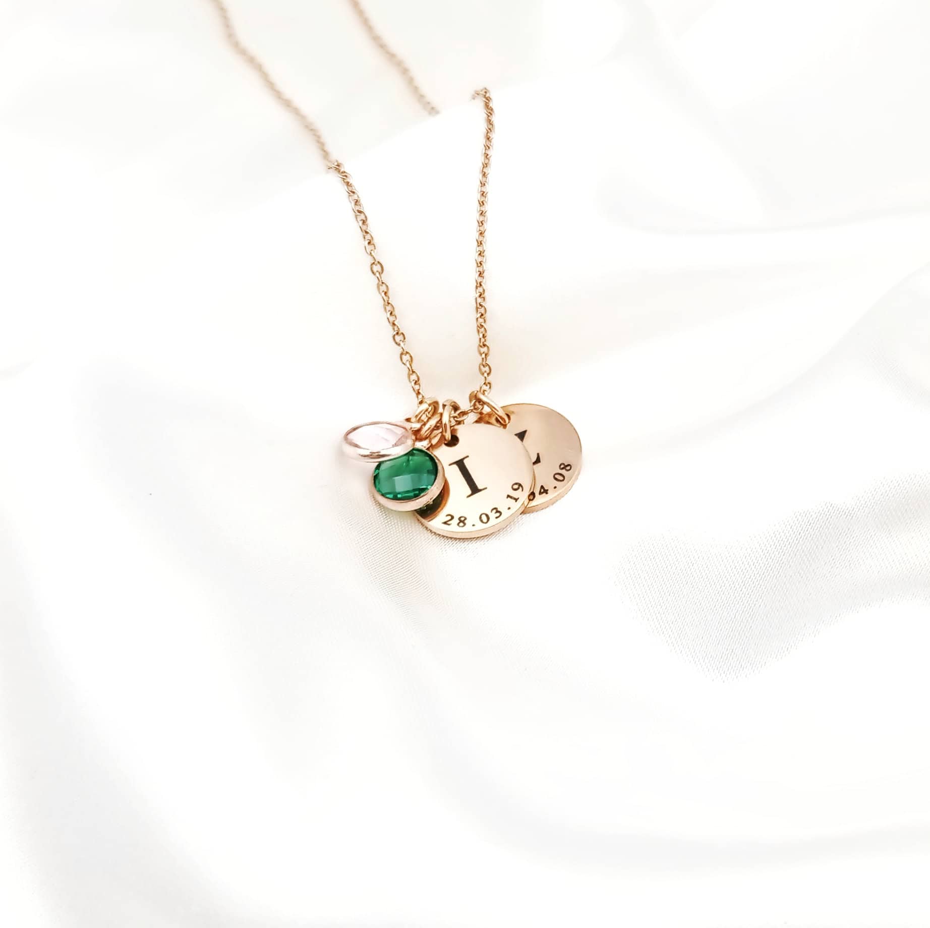 Initial Date Disc Birthstone Necklace