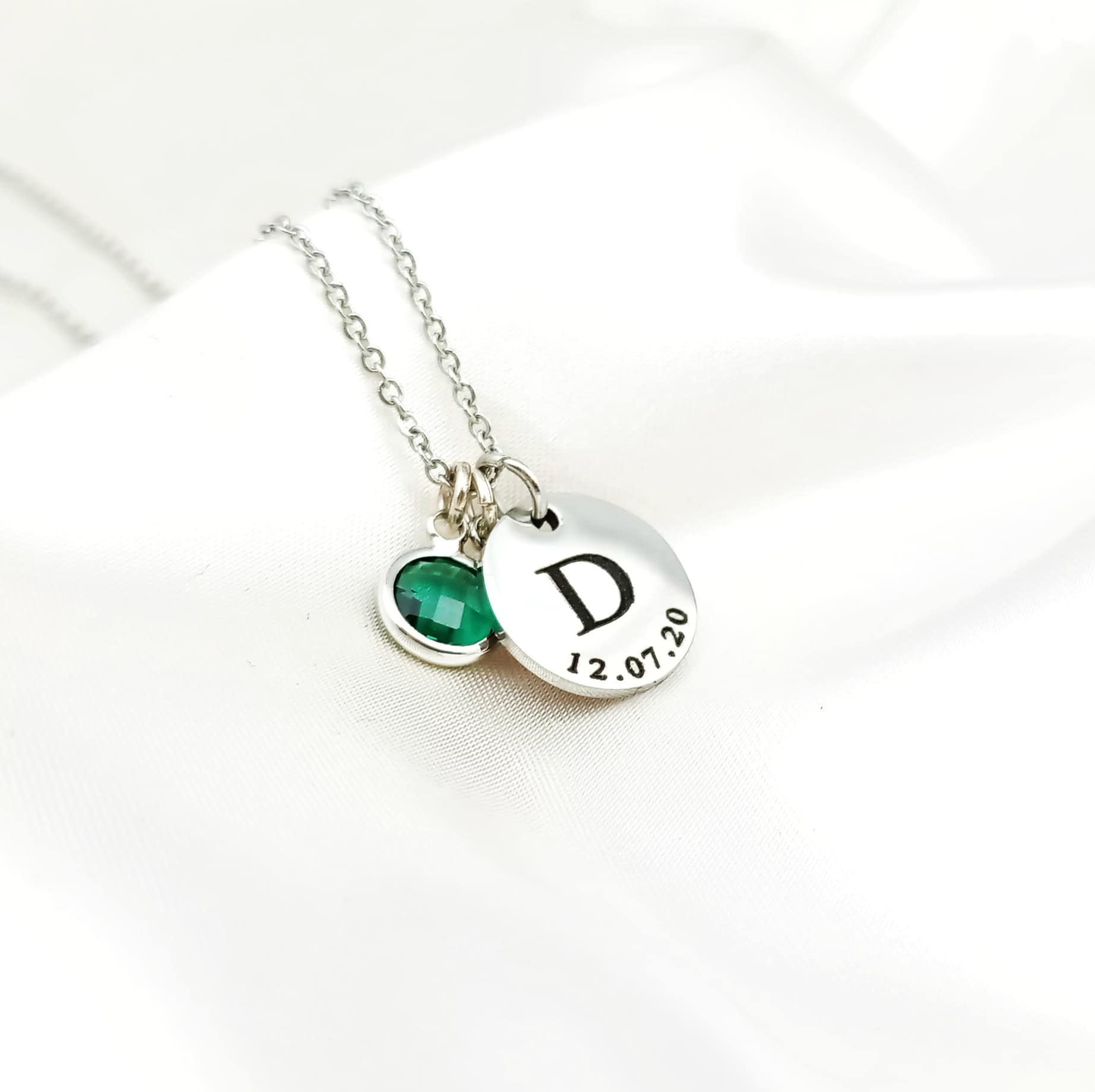Initial Date Disc Birthstone Necklace