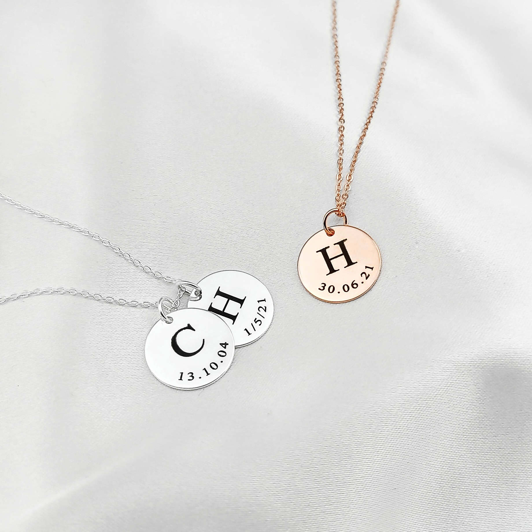 Initial Date Disc Necklace - 925 Sterling Silver