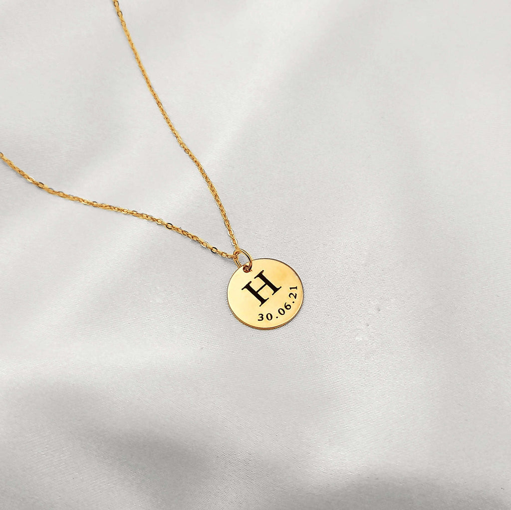 Initial Date Disc Necklace - 925 Sterling Silver