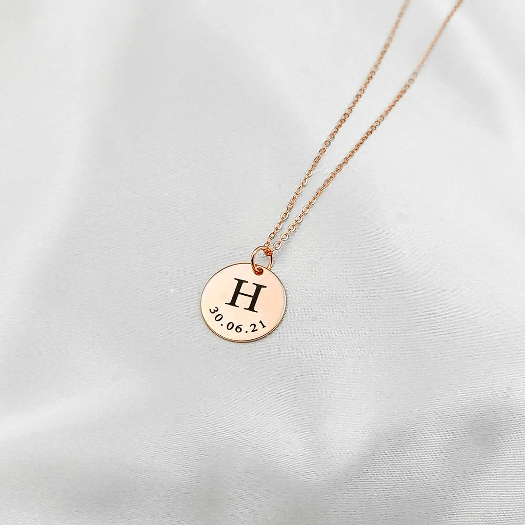 Initial Date Disc Necklace - 925 Sterling Silver